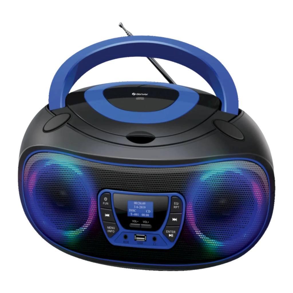 Denver TDB-212BU azul, vista frontal em ângulo: altifalantes com luzes RGB, ecrã LCD, pega azul e antena