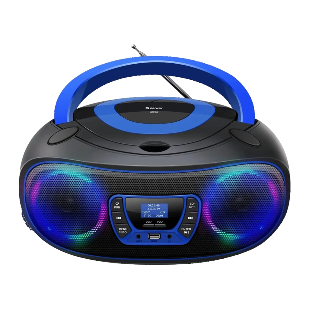 Denver TDB-212BU azul, vista frontal: altifalantes com luzes RGB, ecrã LCD, pega azul e leitor CD