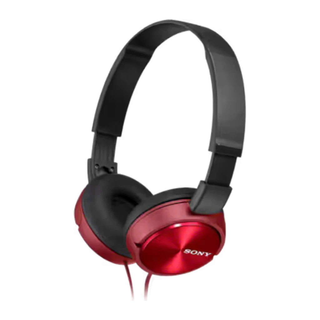 Sony Casque MDR-ZX310AP Rouge, vue latérale: coque rouge métallique avec logo Sony, arceau noir pliable et coussin visible