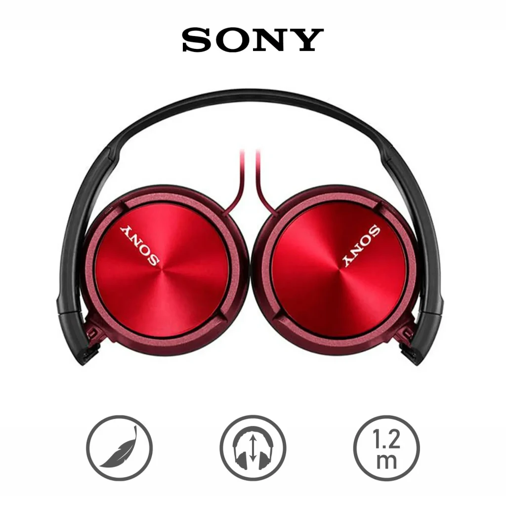 Sony Casque MDR-ZX310AP Rouge, vue avant plié: coquilles rouges métalliques avec logo Sony et icônes légèreté et câble 1,2 m