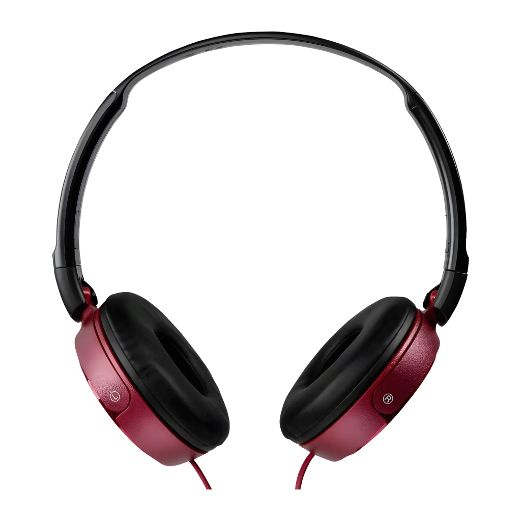 Sony Casque MDR-ZX310AP Rouge, vue de face: arceau noir, coussinets noirs et coquilles rouges sur fond sombre