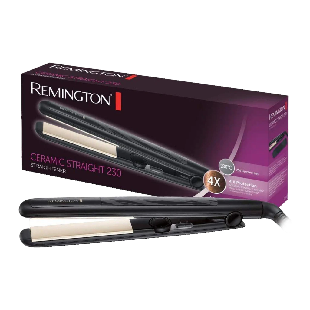 Remington S3500 Ceramic Straight Preto, vista principal: chapinha preta com placas cerâmicas douradas ao lado da caixa roxa