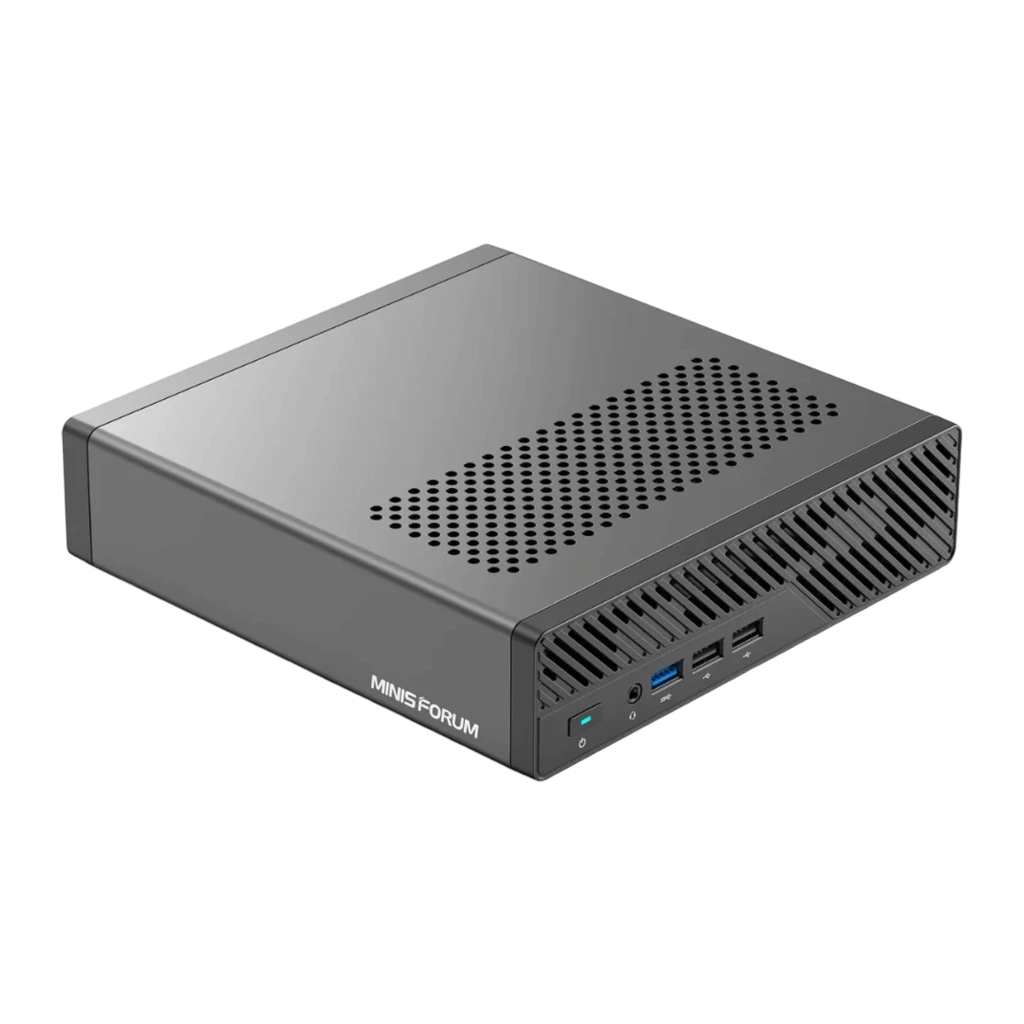 Minisforum Mini PC MS-01 i9-13900H Barebone noir, vue avant en angle: châssis métallique avec grille de ventilation