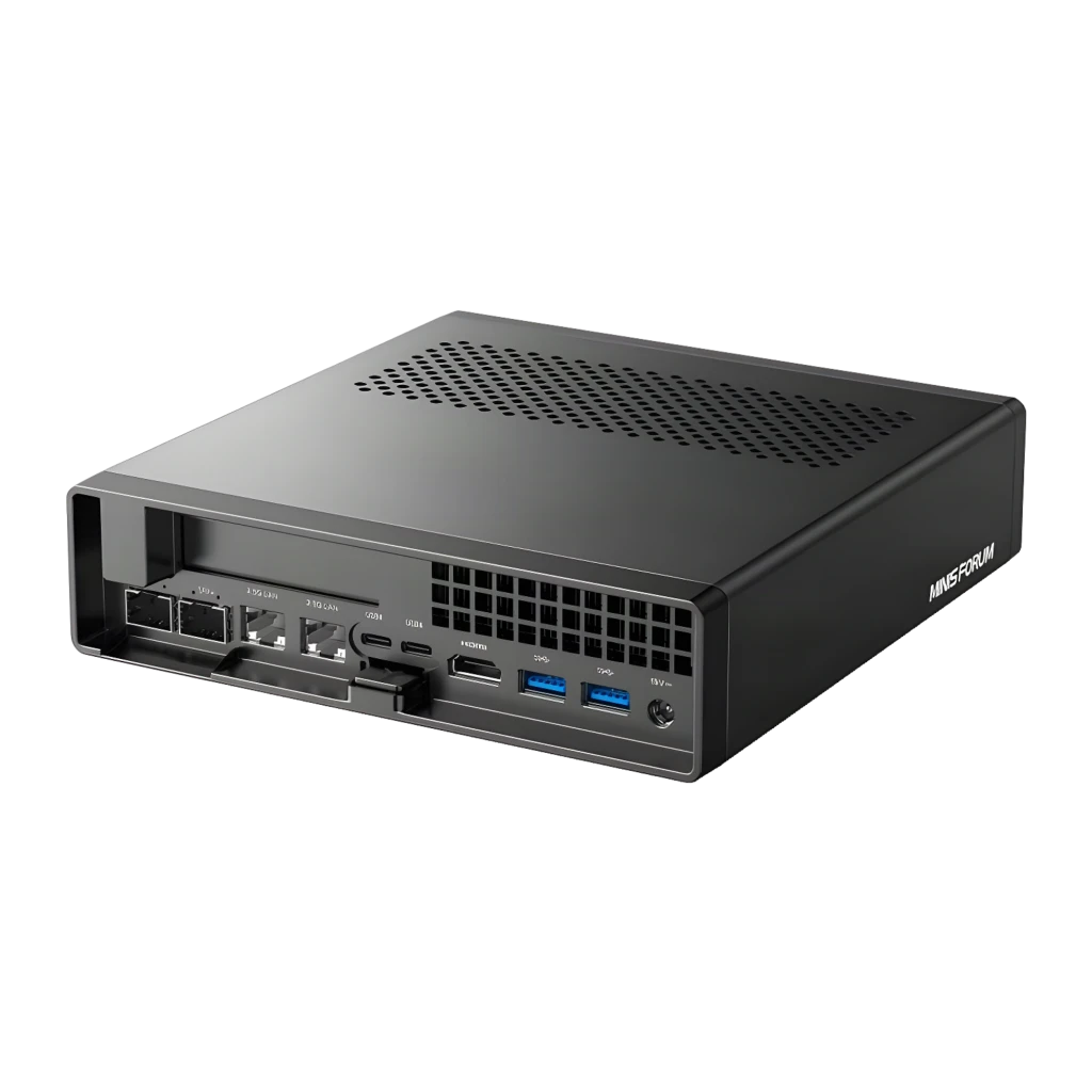 Minisforum Mini PC MS-01 i9-13900H Barebone noir, vue avant-latérale: ports LAN, USB-C, HDMI, USB-A et grille de ventilation
