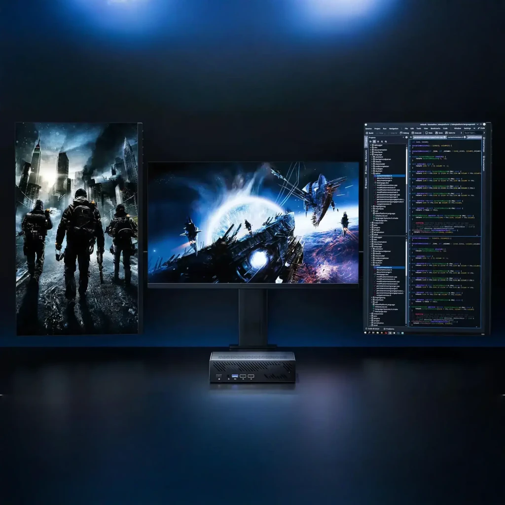 Minisforum Mini PC MS-01 i9-13900H Barebone, scène: connecté à 3 écrans affichant jeu, espace et code
