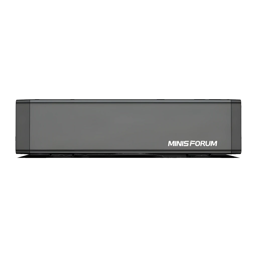 Minisforum Mini PC MS-01 i9-13900H Barebone gris, vue latérale: châssis métallique avec logo MINISFORUM en bas à droite