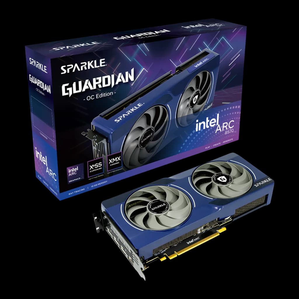 Sparkle Arc B570 Guardian Bleu et gris, vue avant avec boîte: carte graphique et packaging OC Edition