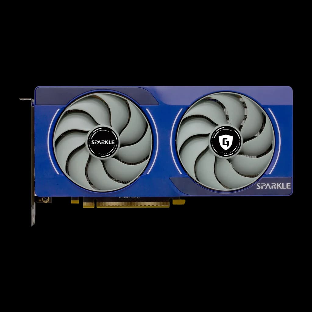 Sparkle Arc B570 Guardian Bleu et gris, vue de face: shroud bleu avec deux ventilateurs gris et logo Sparkle