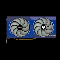Sparkle Arc B570 Guardian Bleu et gris, vue de face: shroud bleu avec deux ventilateurs gris et logo Sparkle