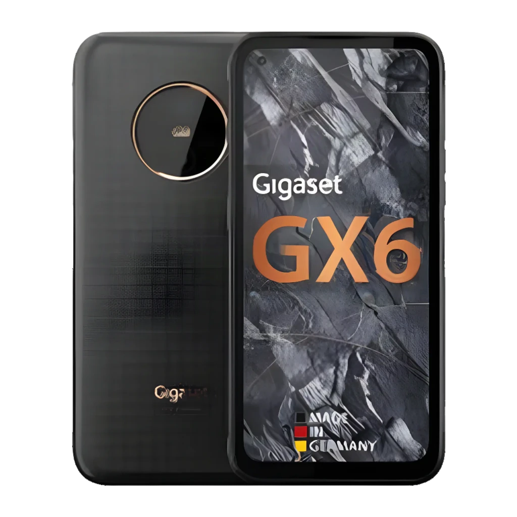 Gigaset GX6 Pro 128GB negro, vista frontal y trasera: pantalla con logo GX6 dorado, módulo de cámara circular con aro dorado