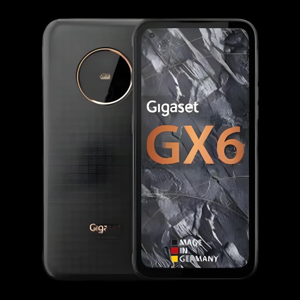 Gigaset GX6 Pro 128GB negro, vista frontal y trasera: pantalla con logo GX6 dorado, módulo de cámara circular con aro dorado