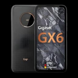 Gigaset GX6 Pro 128GB negro, vista frontal y trasera: pantalla con logo GX6 dorado, módulo de cámara circular con aro dorado