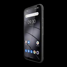 Gigaset GX6 Pro 128GB negro, vista frontal en ángulo: pantalla encendida con Android, botones laterales visibles