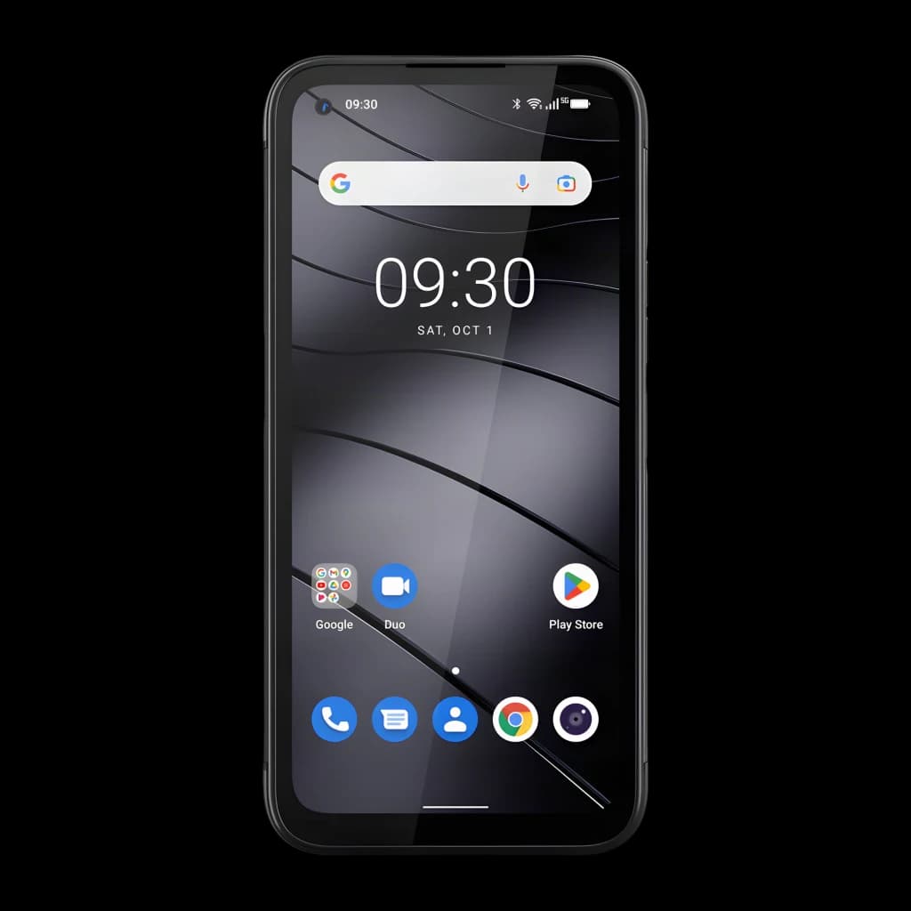 Gigaset GX6 Pro 128GB negro, vista frontal: pantalla encendida con Android y hora 09:30