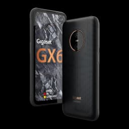 Gigaset GX6 Pro 128GB negro, vistas frontal y trasera: pantalla con logo GX6, módulo de cámaras circular con aro dorado