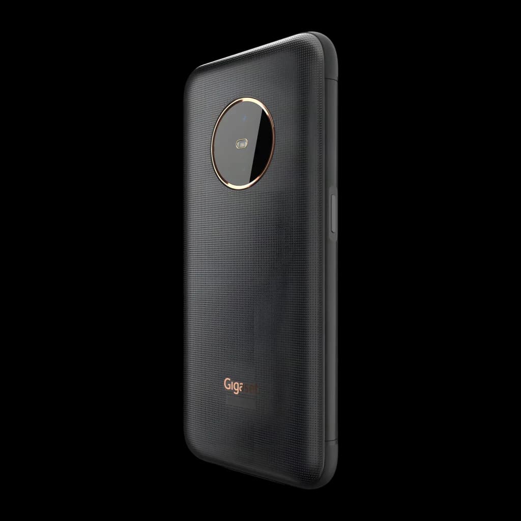 Gigaset GX6 Pro 128GB negro, vista trasera en ángulo: módulo de cámaras circular con aro dorado y textura reticulada (2)