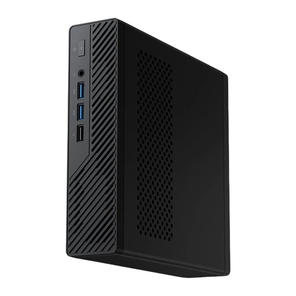 Minisforum Mini PC MS-A2 Ryzen 9 9955HX Barebone noir, vue avant latérale: panneau avec ports USB-A, jack audio, grille