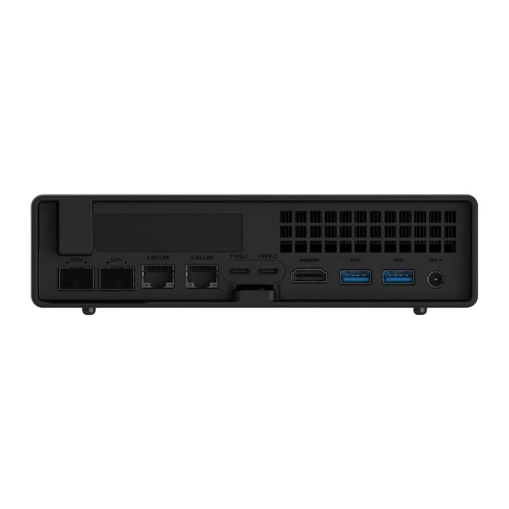 Minisforum Mini PC MS-A2 Ryzen 9 9955HX Barebone noir, vue arrière: ports SFP+, 2x LAN 2.5G, 2x Type-C, HDMI, 2x USB-A