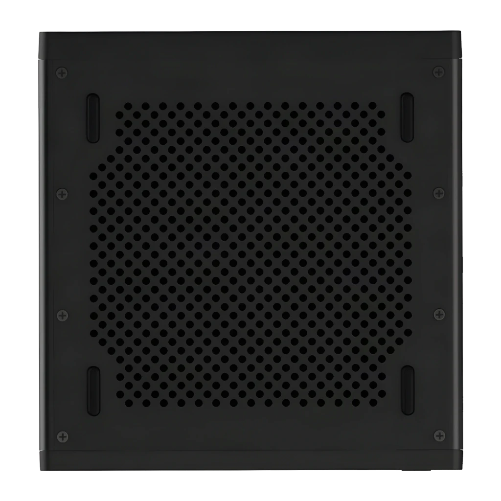 Minisforum Mini PC MS-A2 Ryzen 9 9955HX Barebone noir, vue inférieure: grille de ventilation perforée et vis apparentes