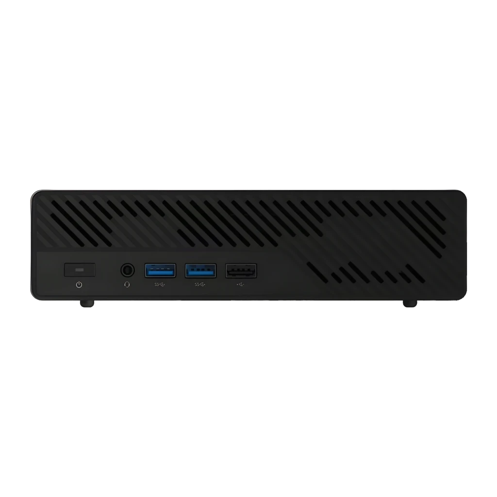 Minisforum Mini PC MS-A2-9955 Ryzen 9 9955HX Barebone 15TB noir, vue avant: bouton d'alimentation, jack audio, deux ports