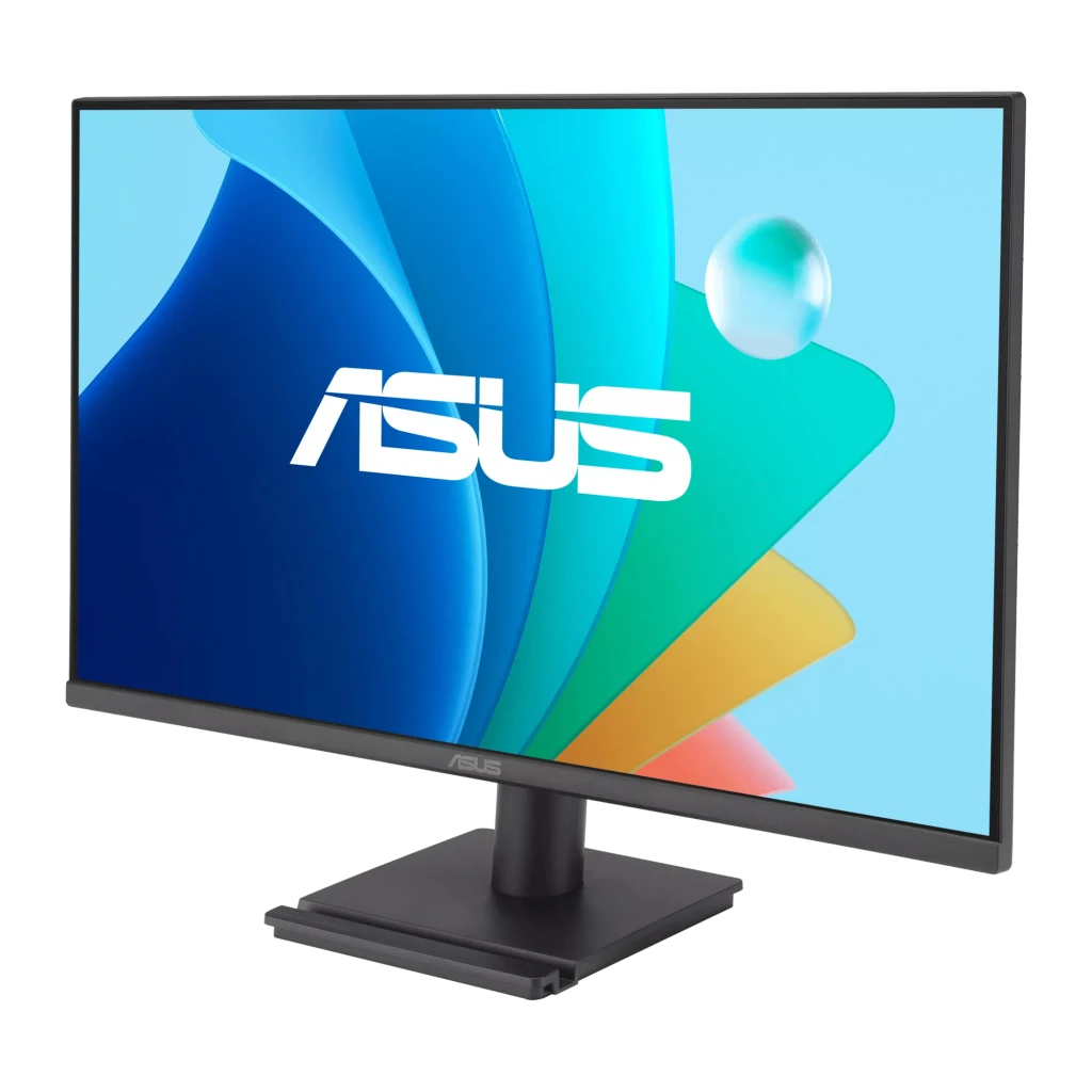 ASUS Monitor VA249QG 23.8" negro, vista frontal en ángulo: pantalla encendida con logo ASUS y base rectangular negra