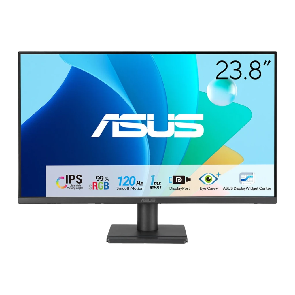 ASUS Monitor VA249QG 23.8" negro, vista frontal: especificaciones IPS 120Hz 1ms Eye Care+ y tamaño 23.8" en pantalla