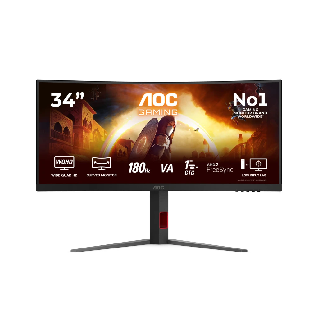 AOC CU34G4 34 pulgadas Curvo Negro Rojo, vista frontal: pantalla ultrawide con especificaciones WQHD 180Hz VA y soporte