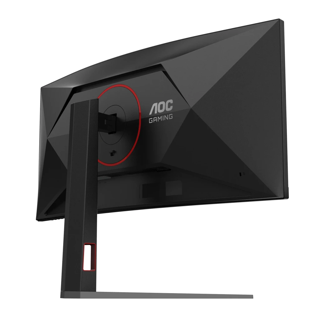 AOC Gaming CU34G4 34 pulgadas Curvo Negro Rojo, vista trasera lateral derecha: logo AOC Gaming, aro rojo y detalle rojo