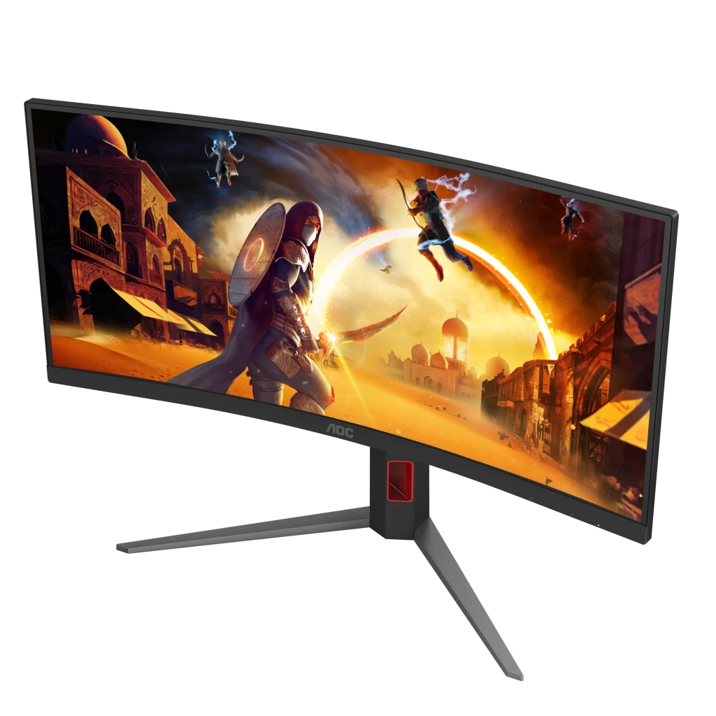 AOC CU34G4 34 pulgadas Curvo Negro Rojo, vista en ángulo derecho: curvatura pronunciada del panel ultrawide con escena