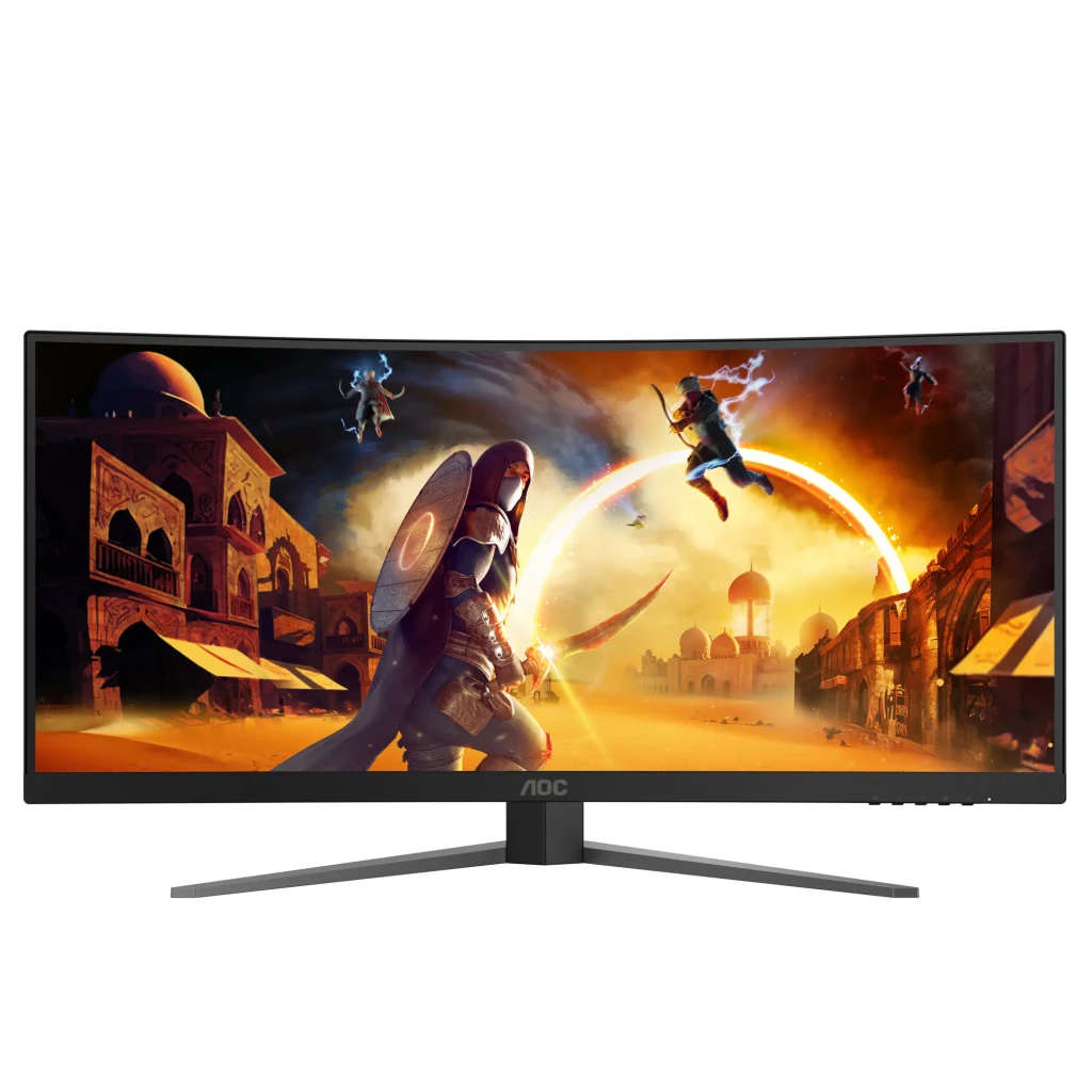 AOC CU34G4 34 pulgadas Curvo Negro Rojo, vista frontal: pantalla ultrawide con escena de videojuego fantasy sin texto