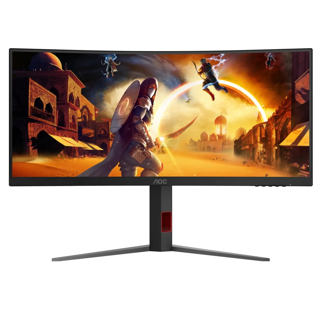 AOC CU34G4 34 pulgadas Curvo Negro Rojo, vista frontal: pantalla con escena fantasy y soporte con detalle rojo visible