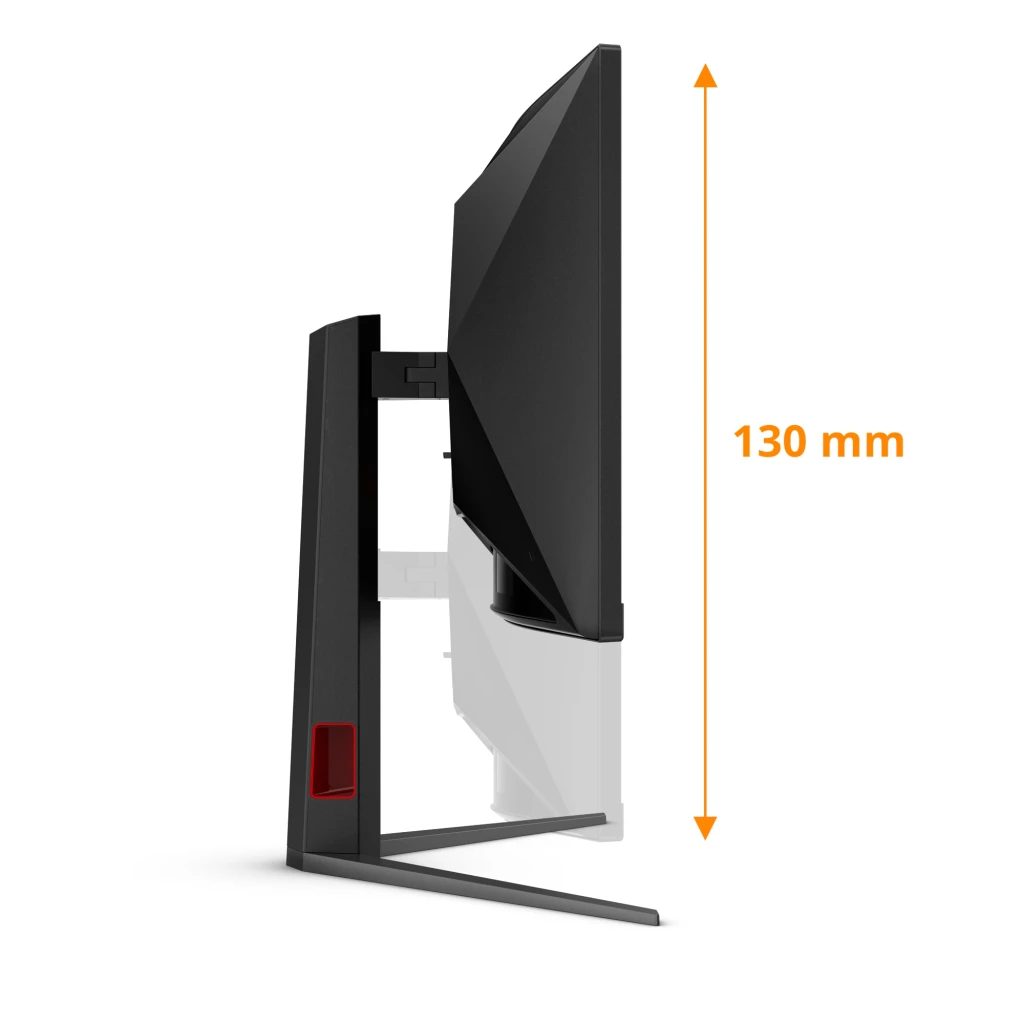 AOC CU34G4 34 pulgadas Curvo Negro Rojo, vista lateral: perfil delgado del panel, brazo ajustable con recorrido de 130 mm