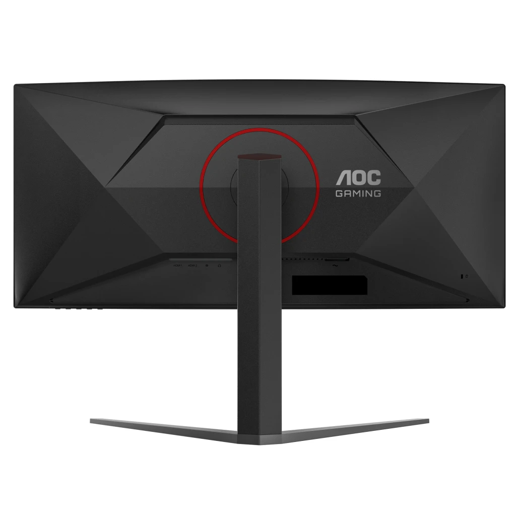 AOC Gaming CU34G4 34 pulgadas Curvo Negro Rojo, vista trasera frontal: panel trasero geométrico con aro rojo y logo AOC