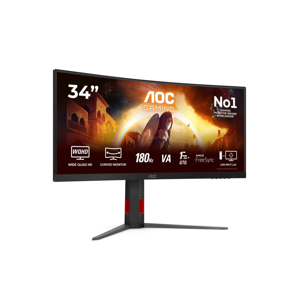 AOC CU34G4 34 pulgadas Curvo Negro Rojo, vista en ángulo izquierdo: curvatura del panel y dos detalles rojos visibles