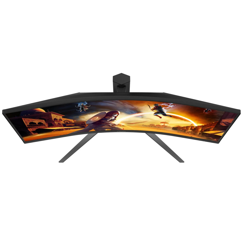 AOC Gaming CU34G4 34 pulgadas Curvo Negro Rojo, vista frontal: pantalla curva ultrawide con escena gaming y soporte en V