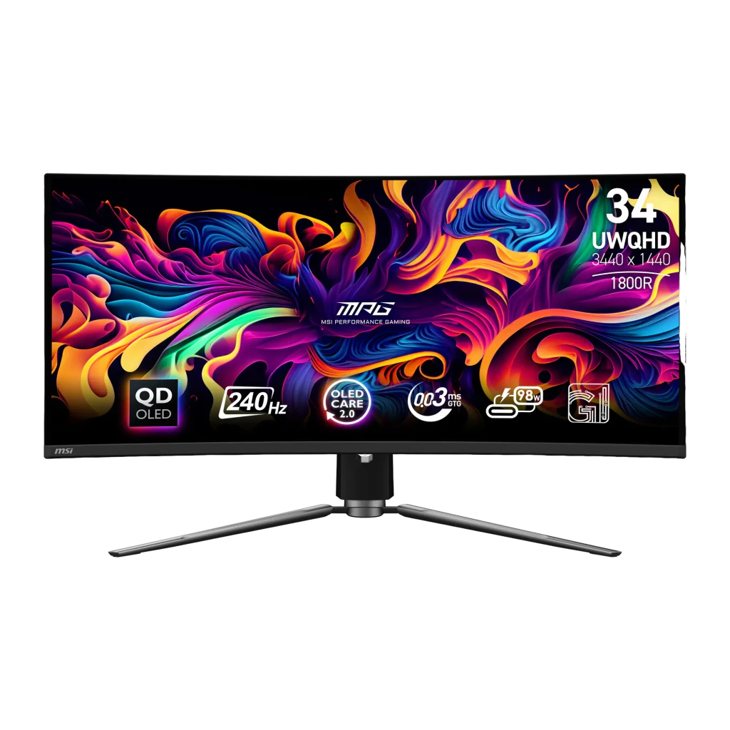 MSI MPG 341CQPX QD-OLED 34" Curvo Negro, vista frontal: pantalla ultrawide con specs QD-OLED 240Hz y marco fino negro