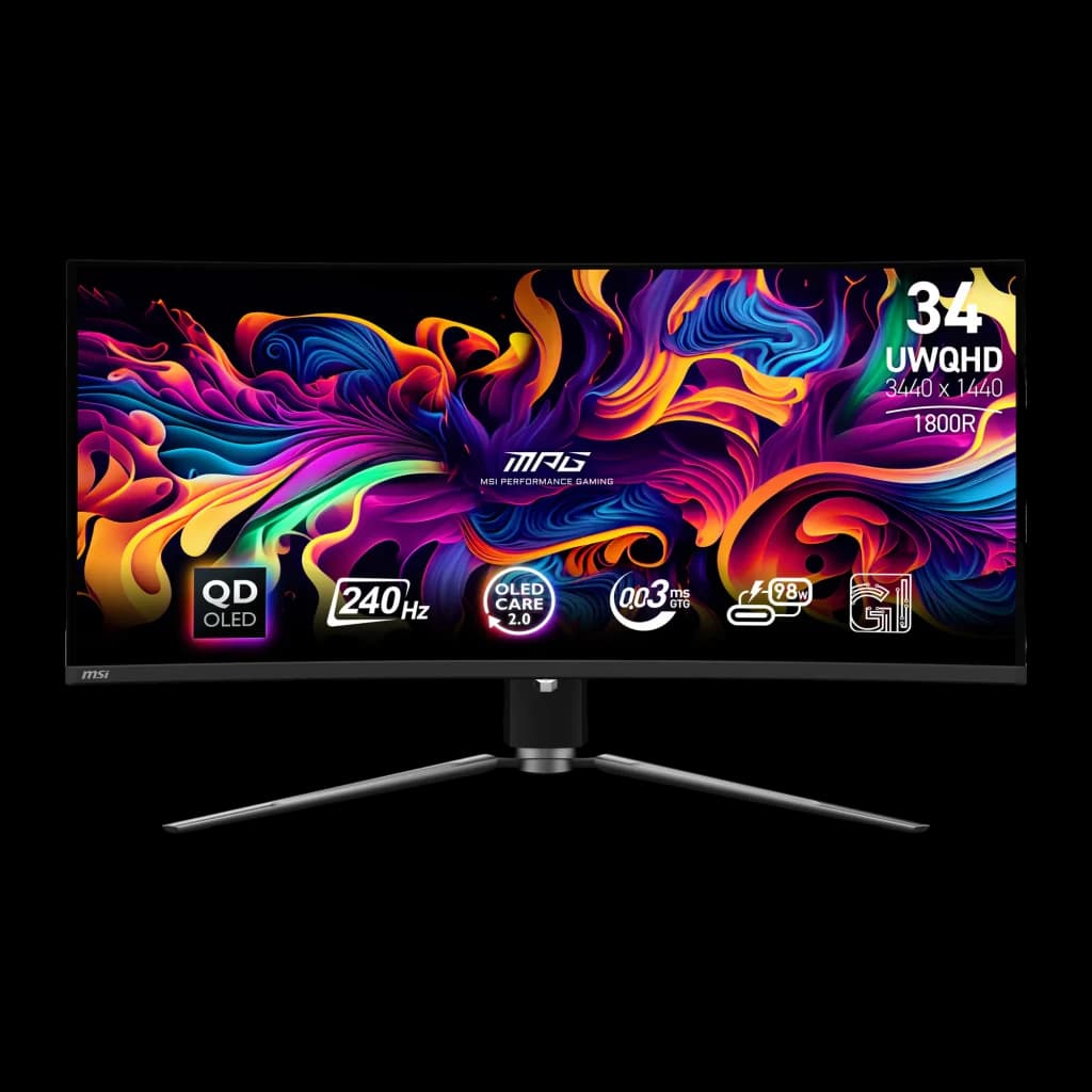 MSI MPG 341CQPX QD-OLED 34" Curvo Negro, vista frontal: pantalla ultrawide con specs QD-OLED 240Hz y marco fino negro