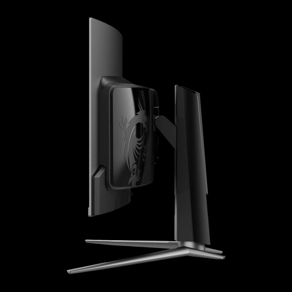 MSI MPG 341CQPX QD-OLED 34" Curvo Negro, vista trasera lateral izquierda: logo dragón MSI en carcasa trasera y brazo