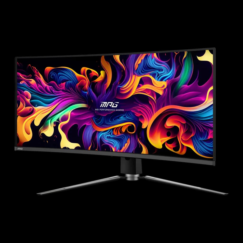 MSI MPG 341CQPX QD-OLED 34" Curvo Negro, ángulo izquierdo: curvatura 1800R visible y panel con colores vibrantes