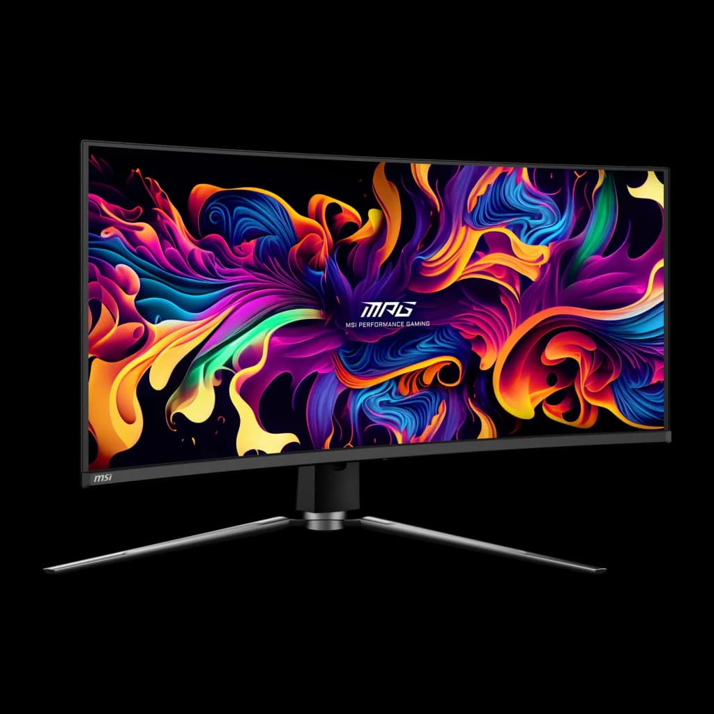 MSI MPG 341CQPX QD-OLED 34" Curvo Negro, ángulo derecho: perfil delgado del panel curvo y base metálica