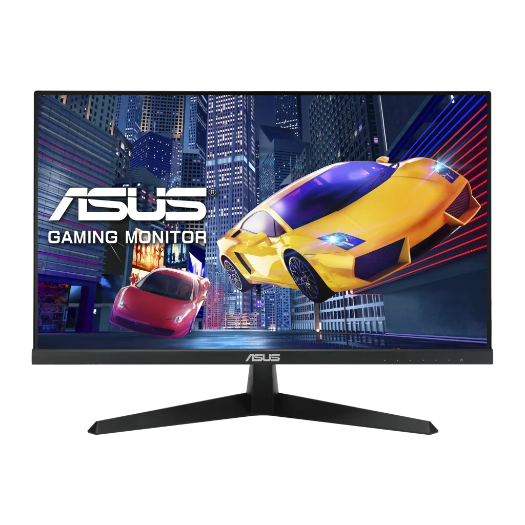 ASUS Monitor VY249HGR 23.8" Full HD Negro, vista frontal: pantalla con escena gaming de coches y logo ASUS
