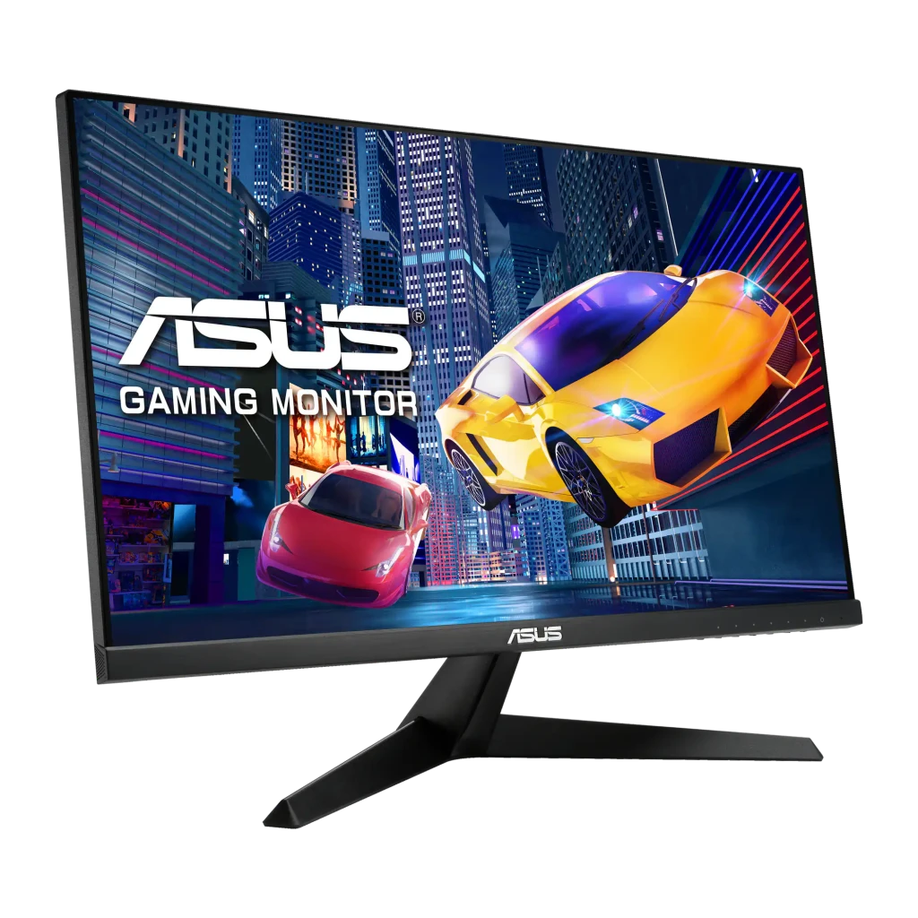 ASUS Monitor VY249HGR 23.8" Full HD Negro, ángulo derecho: lateral del panel y base en Y con escena gaming