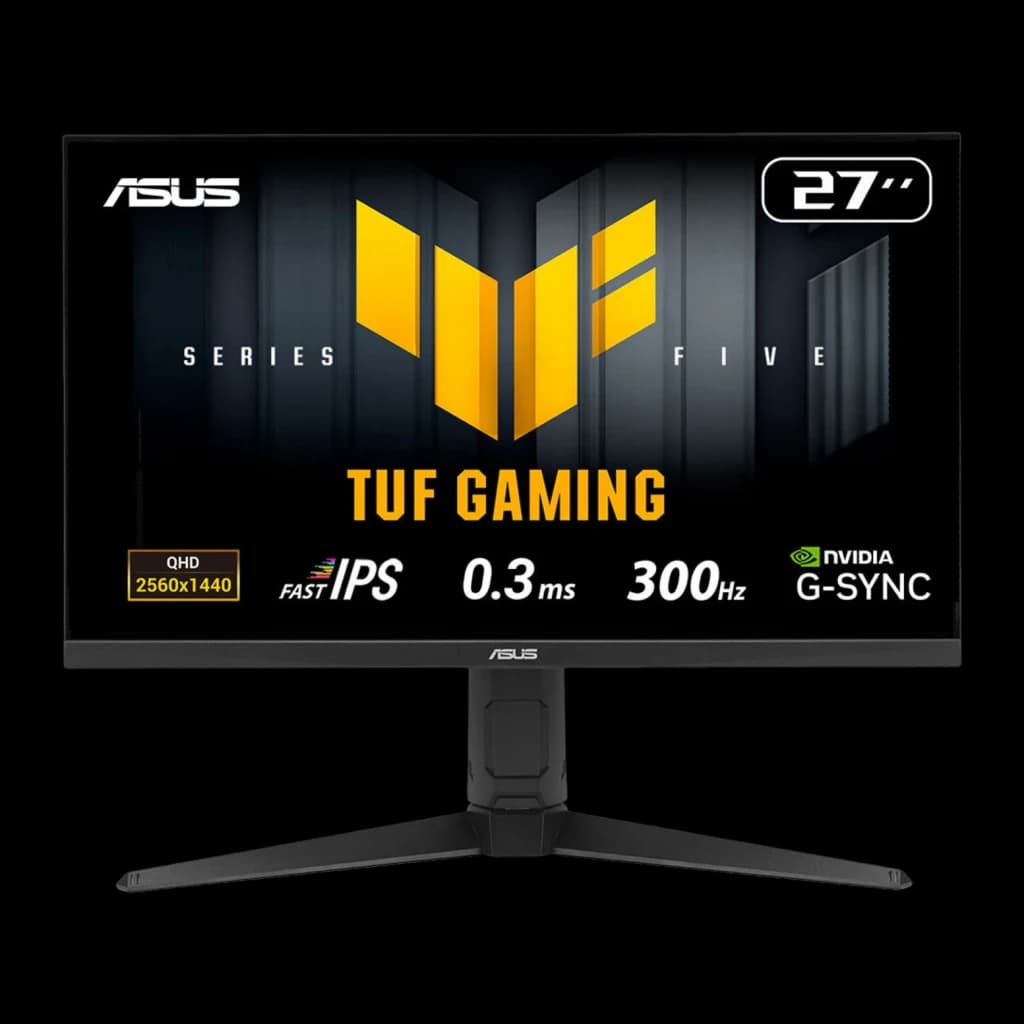 ASUS TUF Gaming VG27AQML5A 27 negro, vista frontal: pantalla con logo TUF Gaming, especificaciones QHD 300Hz 0.3ms G-SYNC