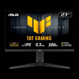 ASUS TUF Gaming VG27AQML5A 27 negro, vista frontal: pantalla con logo TUF Gaming, especificaciones QHD 300Hz 0.3ms G-SYNC