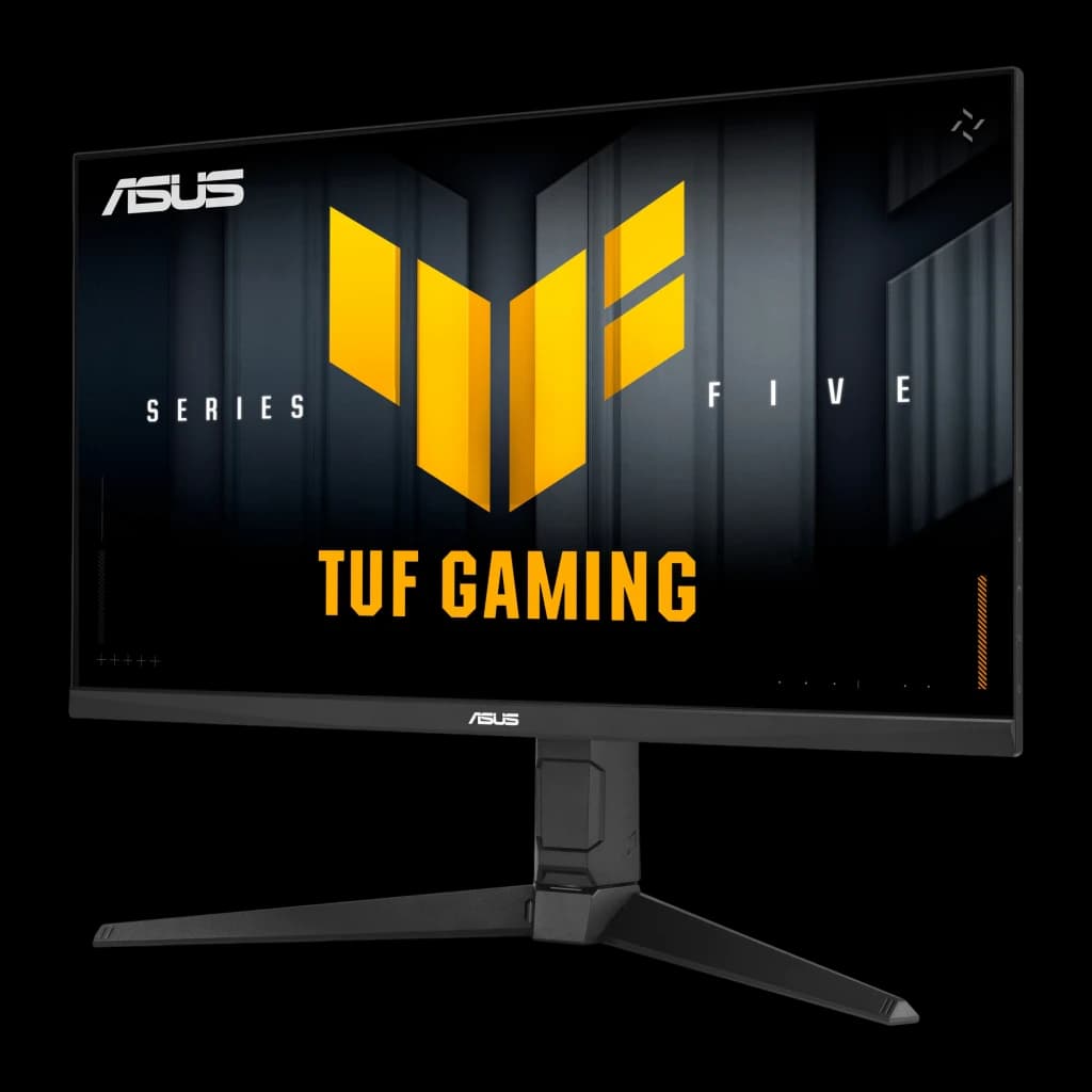ASUS TUF Gaming VG27AQML5A 27 negro, ángulo frontal derecho: pantalla con logo TUF Gaming y acento naranja en el lateral