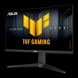 ASUS TUF Gaming VG27AQML5A 27 negro, ángulo frontal derecho: pantalla con logo TUF Gaming y acento naranja en el lateral