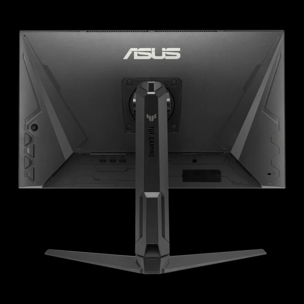 ASUS TUF Gaming VG27AQML5A 27 negro, vista trasera centrada: panel posterior con logo ASUS, brazo TUF Gaming y puertos