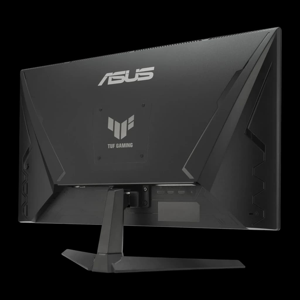 ASUS TUF Gaming VG27AQML5A 27 negro, ángulo trasero derecho: logo TUF Gaming en relieve, diseño geométrico del panel y base