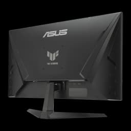 ASUS TUF Gaming VG27AQML5A 27 negro, ángulo trasero derecho: logo TUF Gaming en relieve, diseño geométrico del panel y base