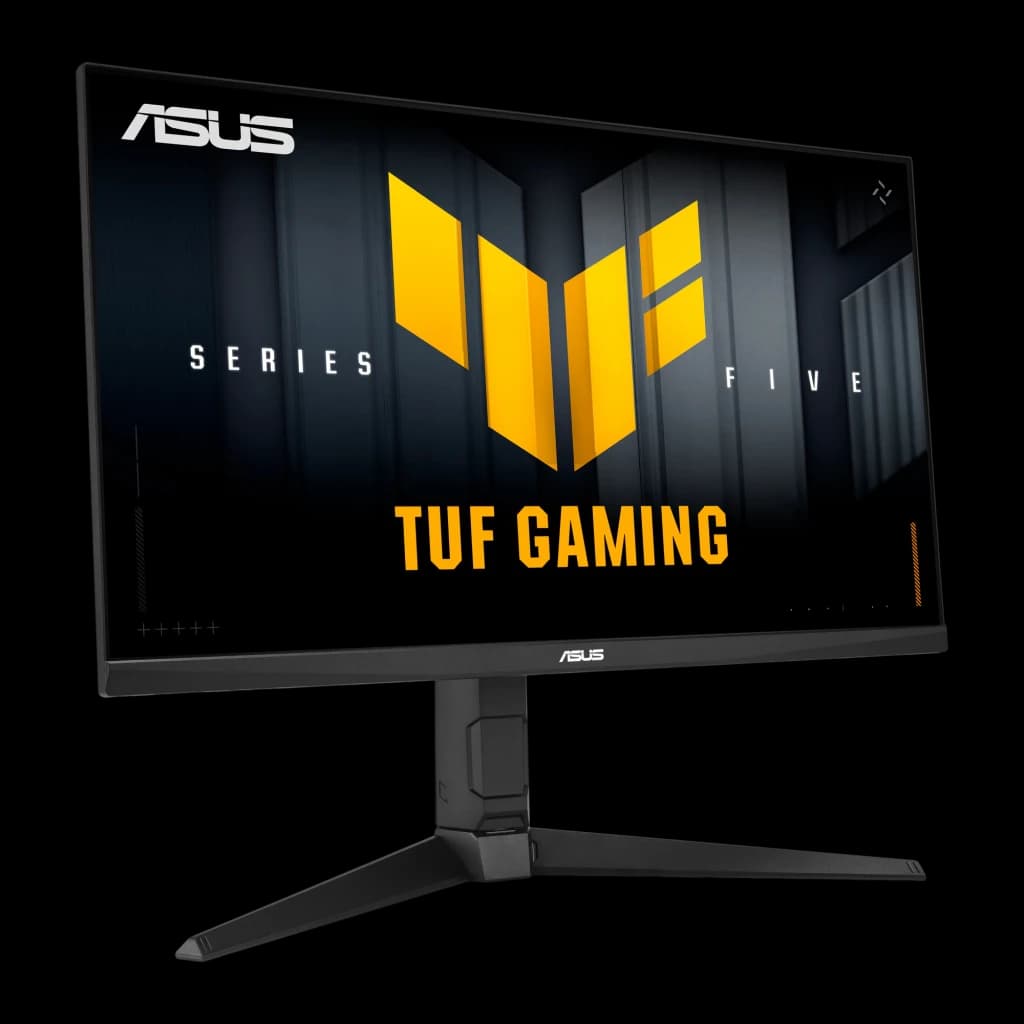 ASUS TUF Gaming VG27AQML5A 27 negro, ángulo frontal izquierdo: pantalla con logo TUF Gaming dorado y base ajustable visible